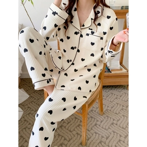 Cozy cream pajamas set with heart print, thick ribbed long-sleeve top and pants