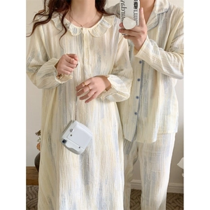 Cotton Pajamas Top And Bottom For Couples Long Sleeve Printed Sleepwear Sweet Loose Lounge Wear Nightgown Service For Men Women