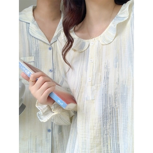 Matching couples long sleeve cotton pajama set with artistic stripes in warm beige and blue