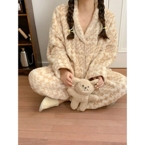 Set Pigiama da Donna in Pile di Corallo Ispessito Maglia a Maniche Lunghe e Pantaloni Caldo Pied de Poule Autunno Inverno