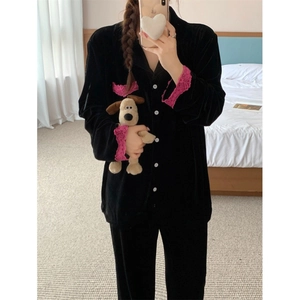 Ensemble Pyjama en Velours Doux pour Femmes avec Bordure en Dentelle Manches Longues Top And Bottom Vêtements de Détente