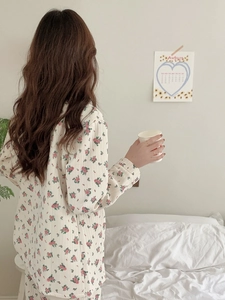 Detail view of floral loungewear set showing soft cotton fabric and delicate flower pattern