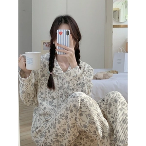Pyjama Décontracté pour Femme Imprimé Floral Haut à Manches Longues Et Pantalon Mélange de Coton Chaud Vêtements de Nuit