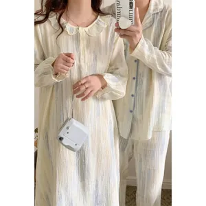 Matching couples pajamas in cream with blue stripes, ruffle collar loungewear sets