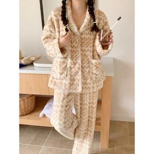 Set pigiama in peluche pied-de-poule con maglia a maniche lunghe e pantaloni donna