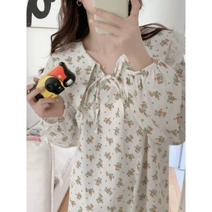 Women Casual Cotton Floral Nightdress Long Sleeve Lace Peter Pan Collar Mori Style Sleepwear Loose Comfortable Loungewear