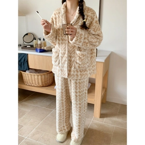 Set pigiama da donna in peluche spesso con motivo pied de poule e revers caldi