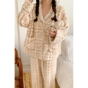 Set pigiama da donna in peluche spesso con motivo pied-de-poule e cardigan a maniche lunghe