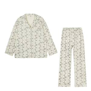 Pyjama floral pour femme avec haut à manches longues et pantalon en coton beige doux