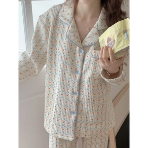 Women Quilted Floral Pajamas Warm Thick Long Sleeve Loungewear Sleepwear Top And Pants With Button Up Lapel Collar