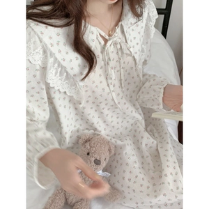 Women French Elegant Floral Cotton Nightgown Long Sleeve Lace Lapel Sweet Sleepwear Midi Home Wear Loose Comfortable Dress
