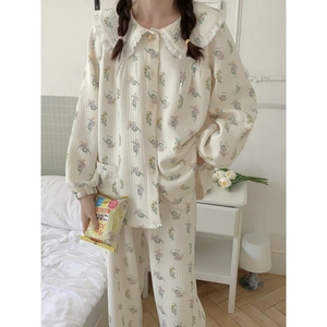 Women Floral Pajama Set Lace Trim Peter Pan Collar Polyester Long Sleeve Button Down Sleepwear Top And Bottom Home Wear