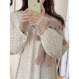 French style floral cotton nightdress with lace details and elegant long sleeves
