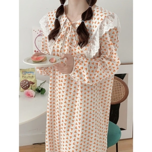 Chemise de Nuit Douce Française en Coton Manches Longues Avec Col en Dentelle Imprimé Pastèque Automne Robe d'Intérieur Ample Femme