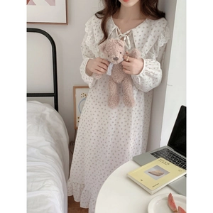 Elegant floral cotton long sleeve nightgown with lace collar and bow tie for women