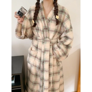 Thick plaid flannel bathrobe for women with soft fleece texture and waist belt
