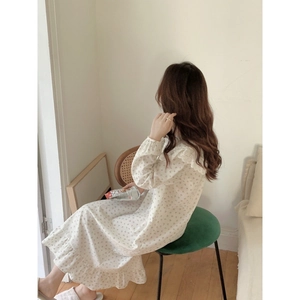 Elegant French floral cotton nightgown with lace trim and long sleeves for women