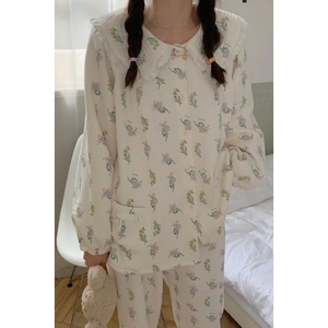 Floral quilted pajamas set for women with lace doll collar and long sleeves