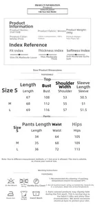 Size chart and fabric details for heart print loungewear pajamas set 100% cotton
