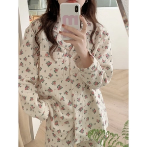 Women Floral Printed Pajama Set Long Sleeve Top And Bottom Thickened Warm Home Wear Casual INS Style Lounge Wear