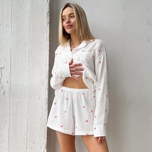 Women Cotton Heart Print Pajamas Long Sleeve Shirt And Shorts Lounge Wear Top And Bottom Casual Soft Sleepwear Homewear