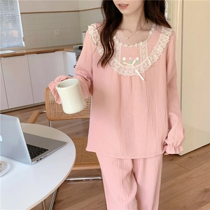 Ensemble de Pyjama en Coton Style Palais Rétro pour Femmes Dentelle Broderie de Tulipe Haut et Pantalon Manches Longues