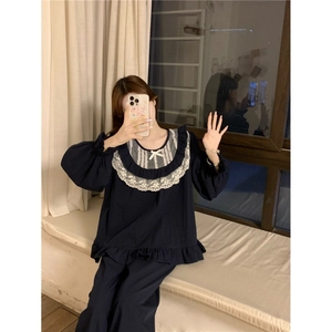 Women Sweet Princess Pajamas Set Navy Blue Cotton Long Sleeve Top And Bottom With Lace Trim Bow Ruffle Homewear Sleepwear