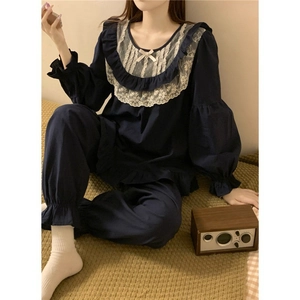 Navy blue lace pajamas set for women with vintage princess style and sweet bow detail