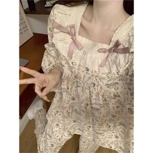 Pigiama da Donna in Cotone Con Stampa Floreale Dolce Sopra E Sotto Manica Lunga Pizzo Colletto Quadrato E Fiocchi