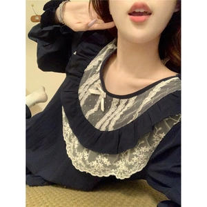 Sweet navy blue pajama set for women featuring lace trim and vintage palace style design