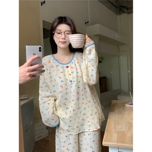 Pyjama en Coton pour Femmes Manches Longues Loungewear Imprimé Floral Double Gaze Haut Et Pantalon Décontracté Doux Vêtements de Nuit