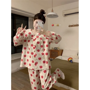 Women Peter Pan Collar Loungewear Apple Print Long Sleeve Top And Bottom Cotton Linen Sweet Pajamas Sleepwear