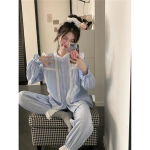 Women Cotton Pajamas Top And Pants Lace Trim Long Sleeve Striped Sweet Princess Style Breathable Loungewear Home Clothing