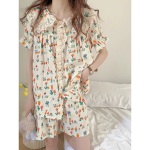 Pyjama Fleuri Femme Col Claudine en Dentelle Haut à Manches Courtes et Short Été Coton Loungewear Doux Nuit