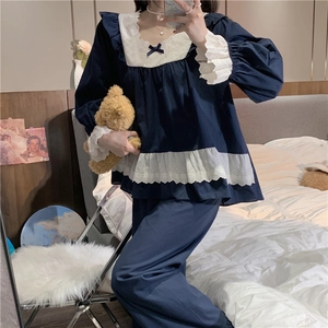 Women Sweet Retro Palace Style Navy Blue Cotton Loungewear With Lace Trim Square Neck Bow Long Sleeve Top And Pants