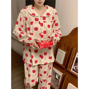 Cute apple cake print pajama set with lace Peter Pan collar and long sleeve design