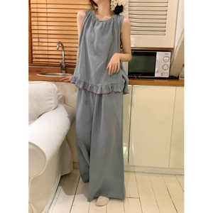 Women Peacock Blue Cotton Pajama Loungewear Top And Bottom Comfortable Sleeveless Ruffle Vest Wide Leg Long Pants Sleepwear