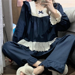 Navy blue vintage pajamas set with white lace trim and bow for women spring wear