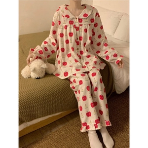 Cute apple and cake print pajama set with lace Peter Pan collar for women