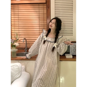 Damen Süßes Blumen Baumwolle Nachthemd Langarm Rüschen Schleife Schlafanzug Locker Hauskleid Homewear Frühling