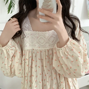 Camicia da Notte Dolce Floreale da Donna Con Maniche Lunghe e Scollo Quadrato in Pizzo Abito da Casa in Misto Cotone