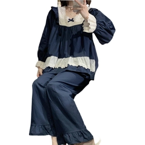 Vintage palace style sweet long sleeve pajama set in navy and beige with lace ruffles