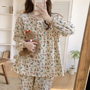 Ensemble de Pyjama Décontracté en Coton pour Femmes Imprimé Chien de Dessin Animé Haut à Manches Longues et Pantalon Long Loungewear