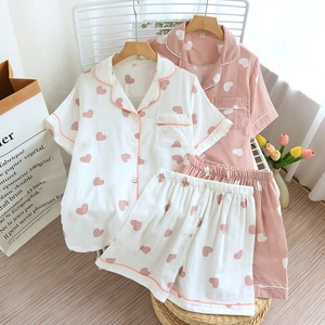 Women's Summer Cotton Gauze Pajama Set Cute Heart Print Notched Lapel Short Sleeve Top And Shorts Casual Homewear Sleepwear