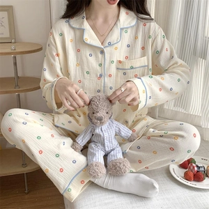 Pyjama Femmes Manches Longues Coton Imprimé Pois Vêtement de Nuit Confortable Respirant Col à Revers Maison