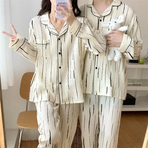 Couples Striped Pajamas Top And Pants Cotton Long Sleeve Notched Collar Minimalist Homewear For Men Women Nightwear