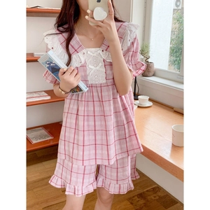Sweet Women Pink Plaid Pajamas Lace Collar Bow Short Sleeve Top And Shorts Casual Homewear Sleepwear