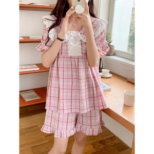 Pink plaid pajama set with lace doll collar and bow detail for a cozy summer home style