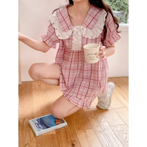 Women's pink plaid pajamas set with lace collar and bow, sweet Korean style loungewear