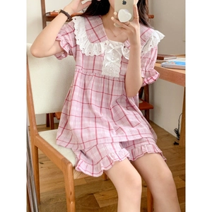 Women's pink plaid pajama set with lace collar and bow, short sleeve lounge wear
